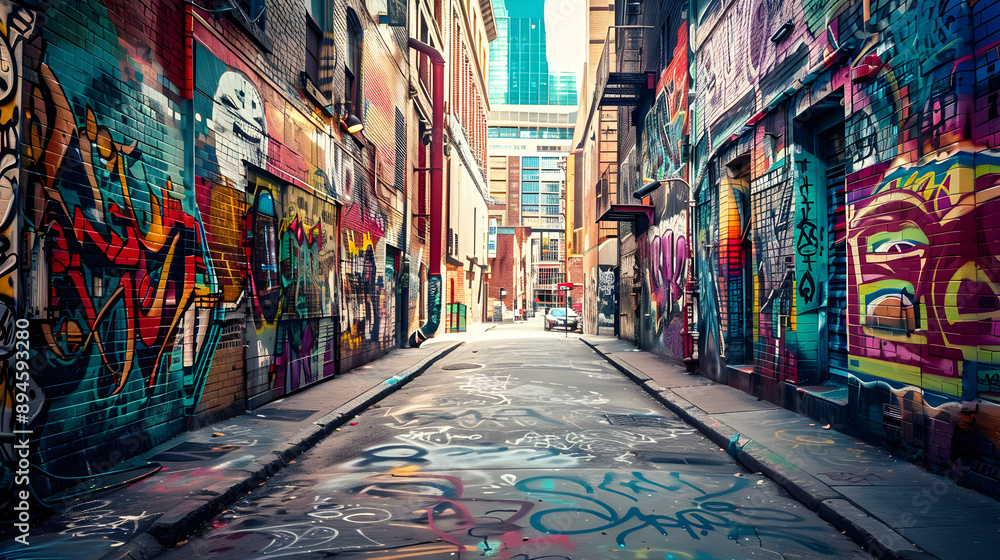 Fototapeta premium Graffiti-covered walls in a gritty urban alley, showcasing vibrant colors and abstract designs.