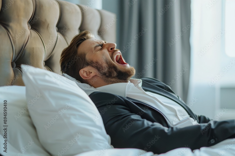 Fototapeta premium Tired Businessman Yawning in Bed
