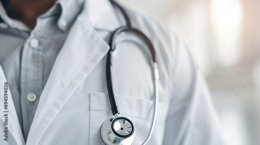 A medical professional stands wearing a white coat and a stethoscope, signifying their role in providing healthcare and medical services, set within a hospital environment. A medical professional stands wearing a white coat and a stethoscope, signifying their role in providing healthcare and medical services, set within a hospital environment.