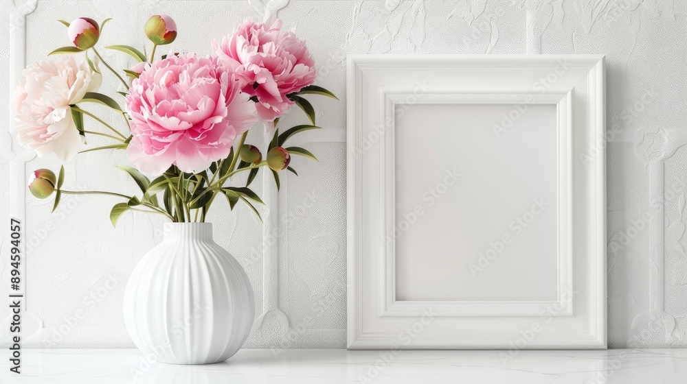 Decorative Home Interior: Vase with Pink Peonies, White Frame Decor Decorative Home Interior: Vase with Pink Peonies, White Frame Decor