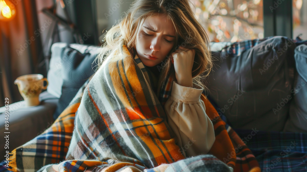 A young sick woman sits on the sofa covered with a warm blanket. Flu and cold symptoms concept. A young sick woman sits on the sofa covered with a warm blanket. Flu and cold symptoms concept.