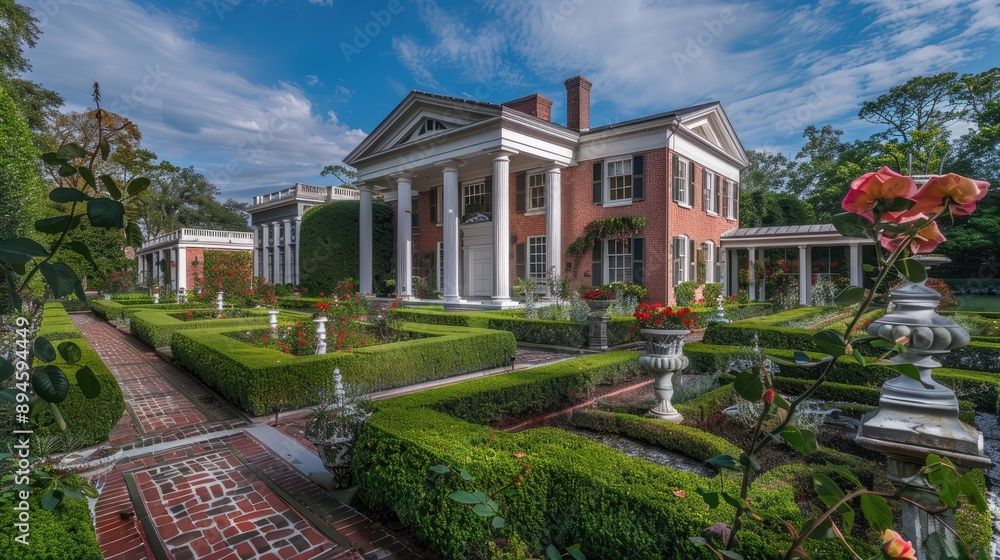 A classic Georgian-style house with red brick walls, white columns, and a formal garden with boxwood hedges and roses. A classic Georgian-style house with red brick walls, white columns, and a formal garden with boxwood hedges and roses.