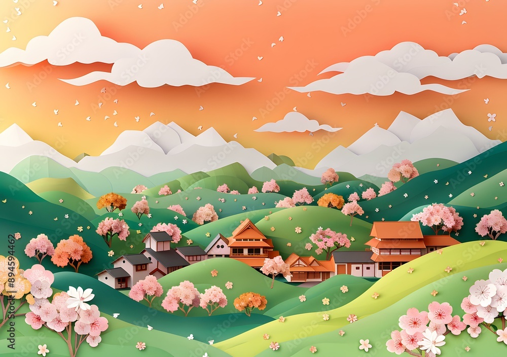 Naklejka premium Japanese countryside landscape with cherry blossoms