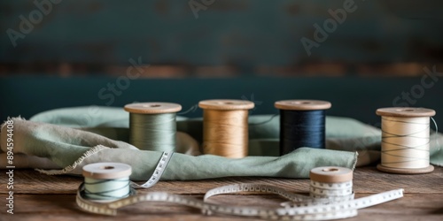 Photo of spools of thread and fabric on a wooden table with measuring tape in the background. Sewing tools in a vintage style. Space for text. Sewing and hobby concept.