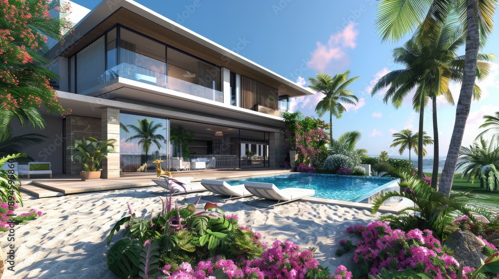 Fototapeta premium A contemporary beach villa with a sleek design, an infinity pool, and a garden with tropical flowers and palm trees.