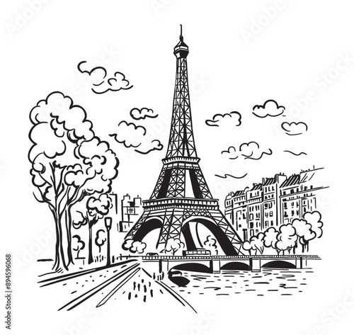 The Eiffel Tower in Paris with the city in the background. Landmark of Paris. Vector linear illustration. Doodle style