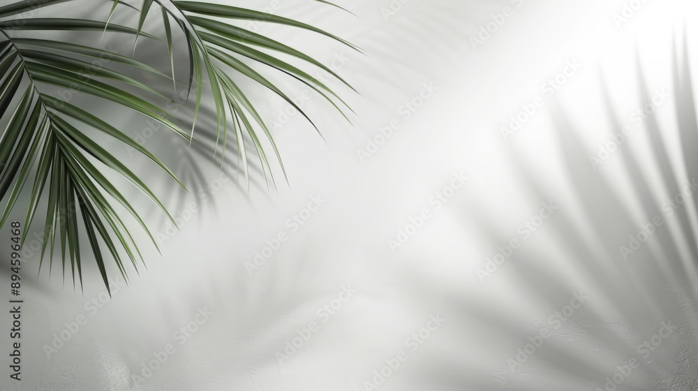 Fototapeta premium Palm Leaf Shadows on Grunge White Wall: Silhouette Pattern for Spring Summer Wallpaper