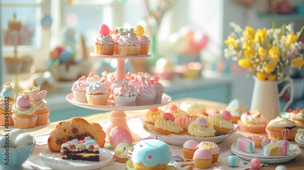 Naklejka premium Easter Dessert Table with Cupcakes and Pastries in Pastel Colors