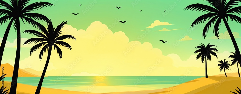 Silhouette of palm trees by sea on pastel green yellow cloudy sky background. Tropical landscape. Summertime. Summer vacation, travel, honeymoon concept. Design for banner, poster, card. Copy space Silhouette of palm trees by sea on pastel green yellow cloudy sky background. Tropical landscape. Summertime. Summer vacation, travel, honeymoon concept. Design for banner, poster, card. Copy space