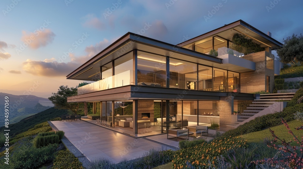 Fototapeta premium A contemporary hillside home with a tiered design, large glass walls, and a patio offering panoramic views of the valley below.