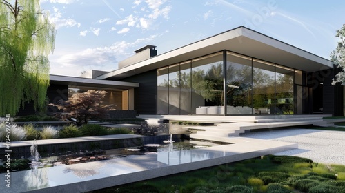 A contemporary home with a bold, asymmetrical design, large windows, and a front yard featuring a minimalist water feature.