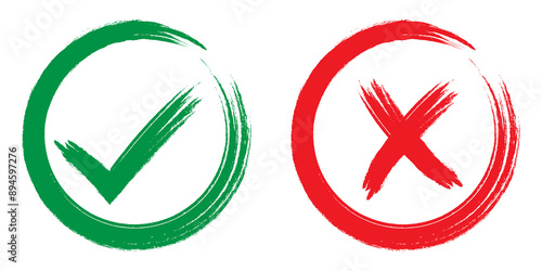 Green checkmark icon and red cross mark symbol in brush stroke style