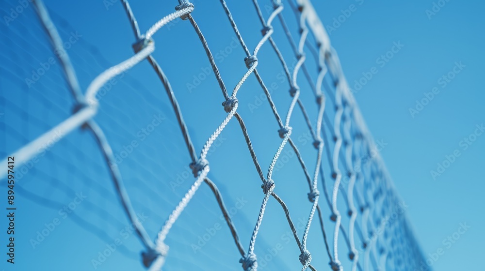 Close-Up View of Netting Against a Bright Blue Sky Background with Knots and Texture Close-Up View of Netting Against a Bright Blue Sky Background with Knots and Texture