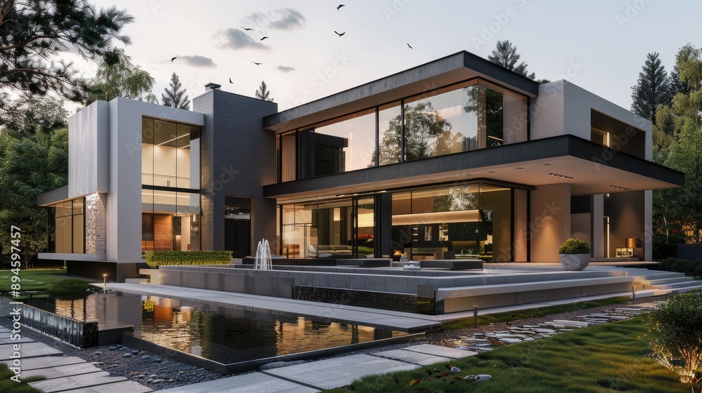 A contemporary home with a bold, asymmetrical design, large windows, and a front yard featuring a minimalist water feature. A contemporary home with a bold, asymmetrical design, large windows, and a front yard featuring a minimalist water feature.