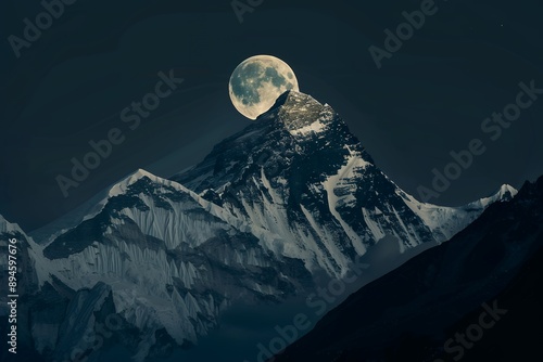 Moon over Mount Everest, India. Silhouette of the moon against the mountain peak at night with copy space. Minimal nature photography, dark background, wide angle. 