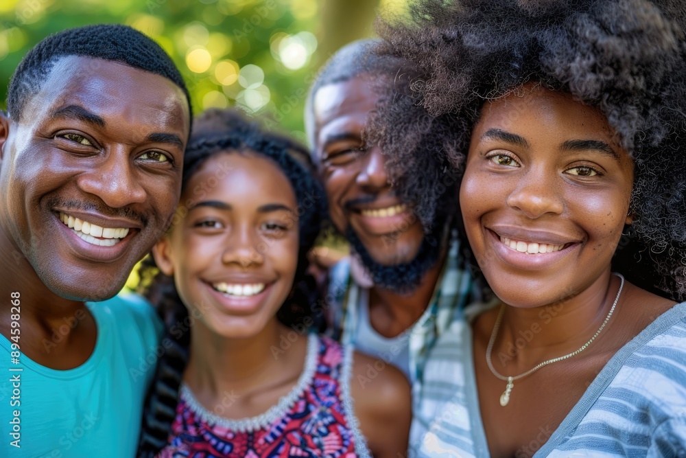 Fototapeta premium Happy African family smiling outdoors, closeup portrait.