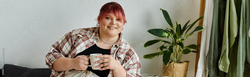 A woman relaxes at home, enjoying a warm beverage. A woman relaxes at home, enjoying a warm beverage.