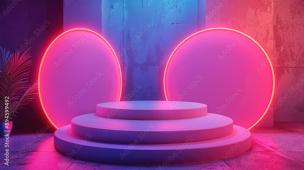 3D room, abstract shapes, neon highlights, modern design 3D room, abstract shapes, neon highlights, modern design