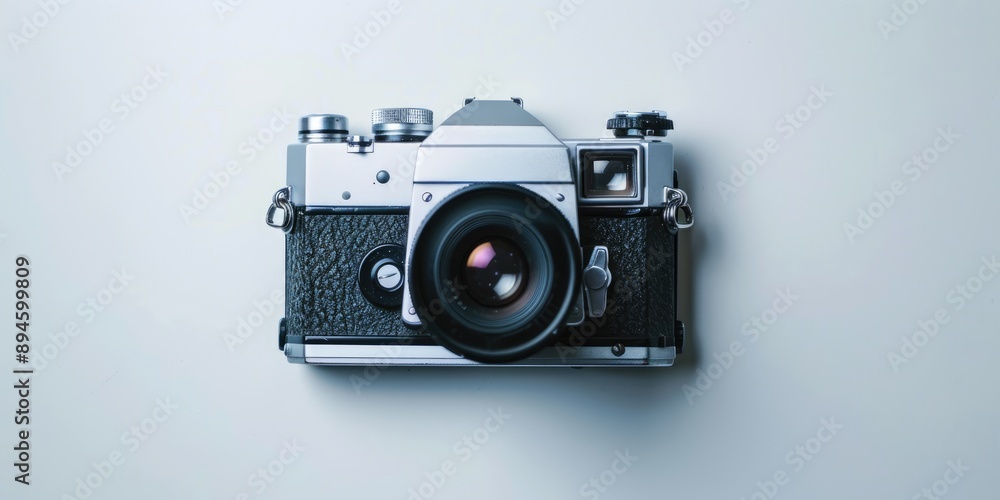 Fototapeta premium Vintage camera on neutral background, top view, photography conc