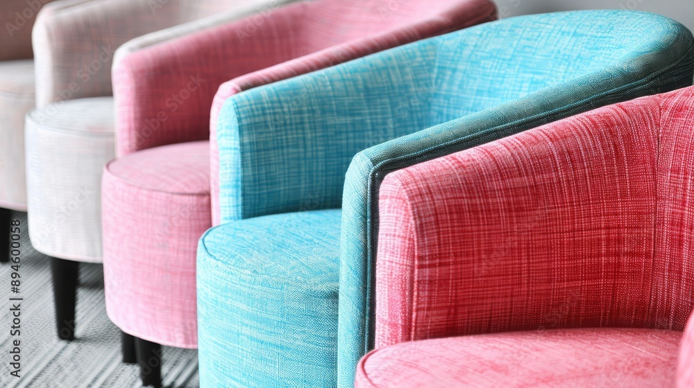Obraz premium Row of colorful upholstered armchairs in modern interior design setting with bright natural light. Concept of comfort, modernity, and interior aesthetics. 