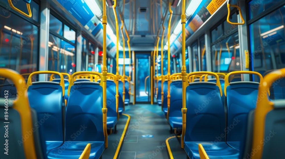 Fototapeta premium Empty City Bus Interior: Blue Seats and Yellow Handrails in Cluj, Romania