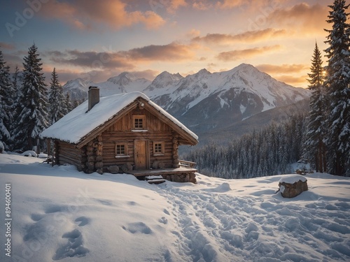 Cozy wooden cabin, nestled amidst pristine snow, basks in warm twilight glow against backdrop of majestic snow-capped peaks. Rustic structure, with its pitched roof, illuminated windows.