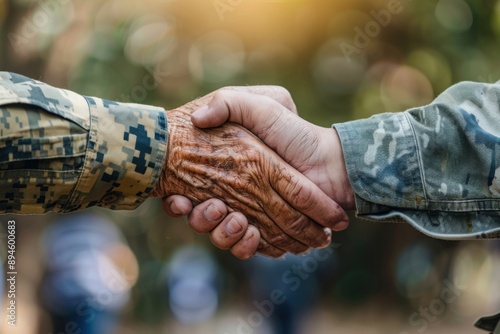 Veterans from different eras shaking hands, generational service concept, with copy space