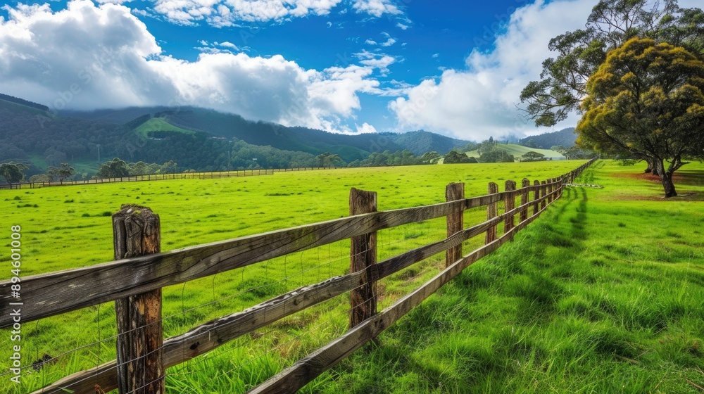 Rustic wooden fence bordering a lush, green field Rustic wooden fence bordering a lush, green field