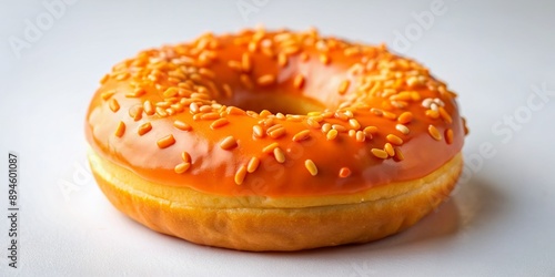 Vibrant orange doughnut with sprinkles sitting on a clean white surface, freshly baked with a smooth glaze and a soft, fluffy interior visible from the side.