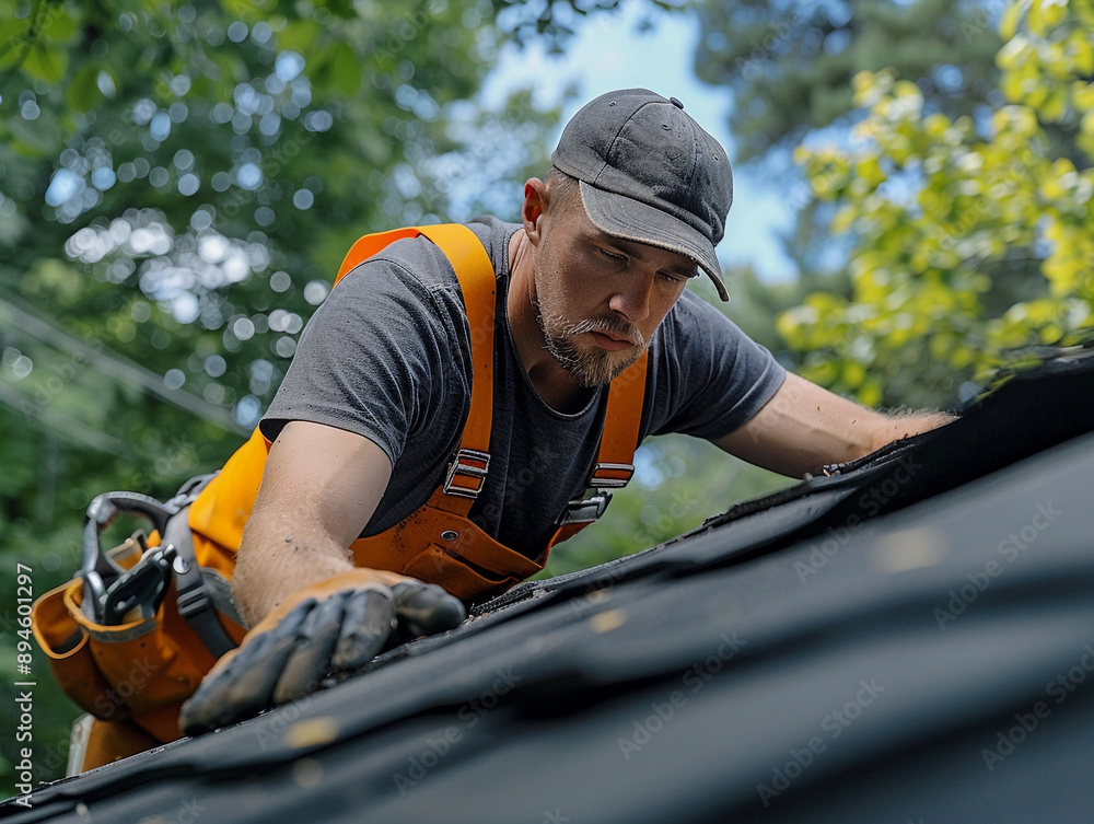 Roofing Contractor Inspecting Damaged Shingles On A Sunny Day Roofing Contractor Inspecting Damaged Shingles On A Sunny Day