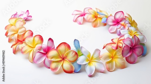 vibrant hawaiian lei with delicate frangipani flowers intricately woven tropical garland on white background soft pastel colors and realistic petal details