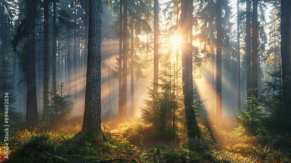 Fototapeta premium Sunbeams shine through the trees of a misty forest.