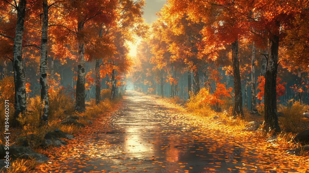 Obraz premium Picturesque autumn forest with bright autumn leaves of red, orange and yellow shades, multicolored leaves, the ground is covered with a carpet of fallen leaves.