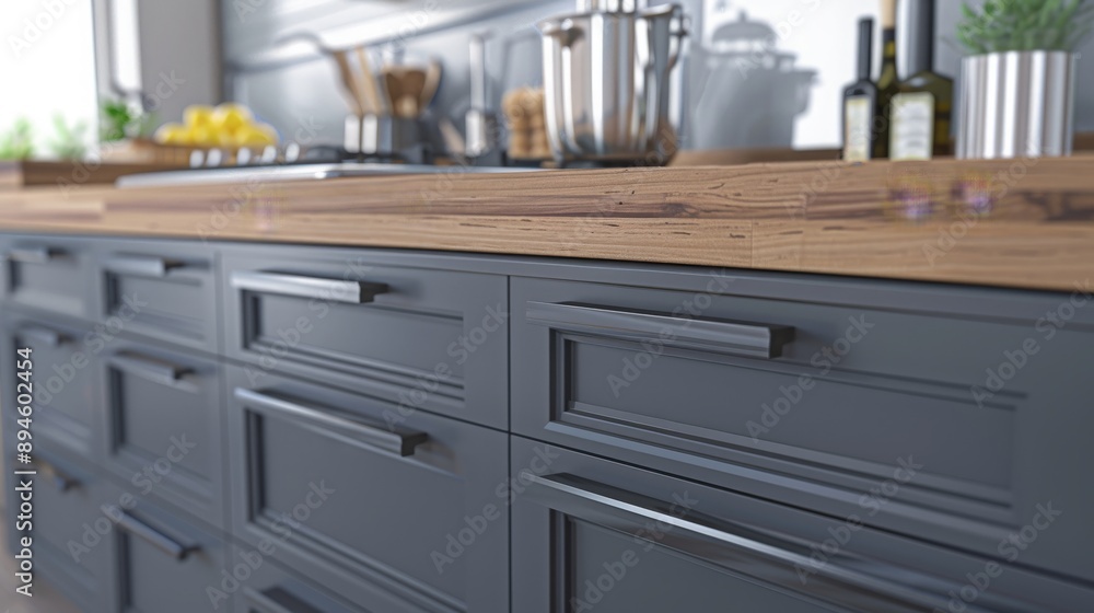 Elegant Interior with Gray Drawers and Wooden Table: Modern Kitchen Equipment Elegant Interior with Gray Drawers and Wooden Table: Modern Kitchen Equipment