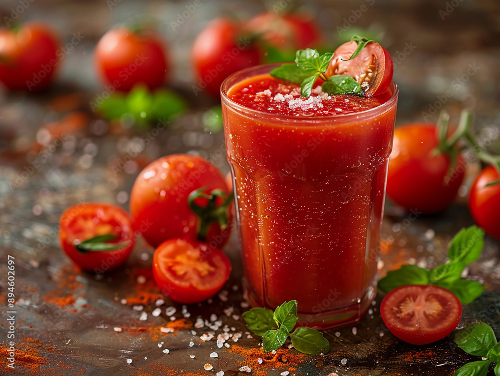 Freshly Made Tomato Juice With Basil and Salt on a Rustic Table Freshly Made Tomato Juice With Basil and Salt on a Rustic Table