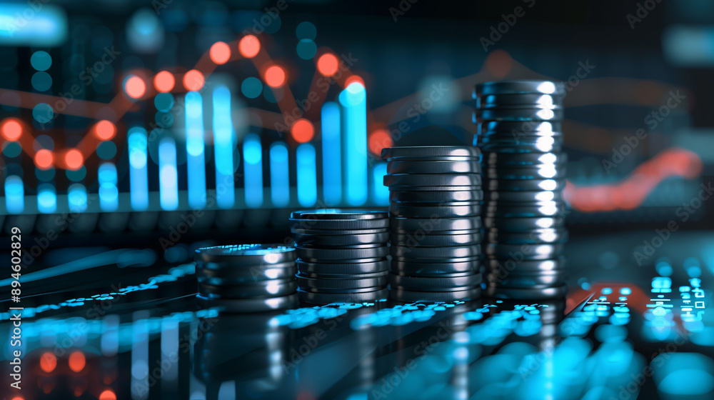 A stack of coins with an upward-trending graph chart, representing business growth. A stack of coins with an upward-trending graph chart, representing business growth.