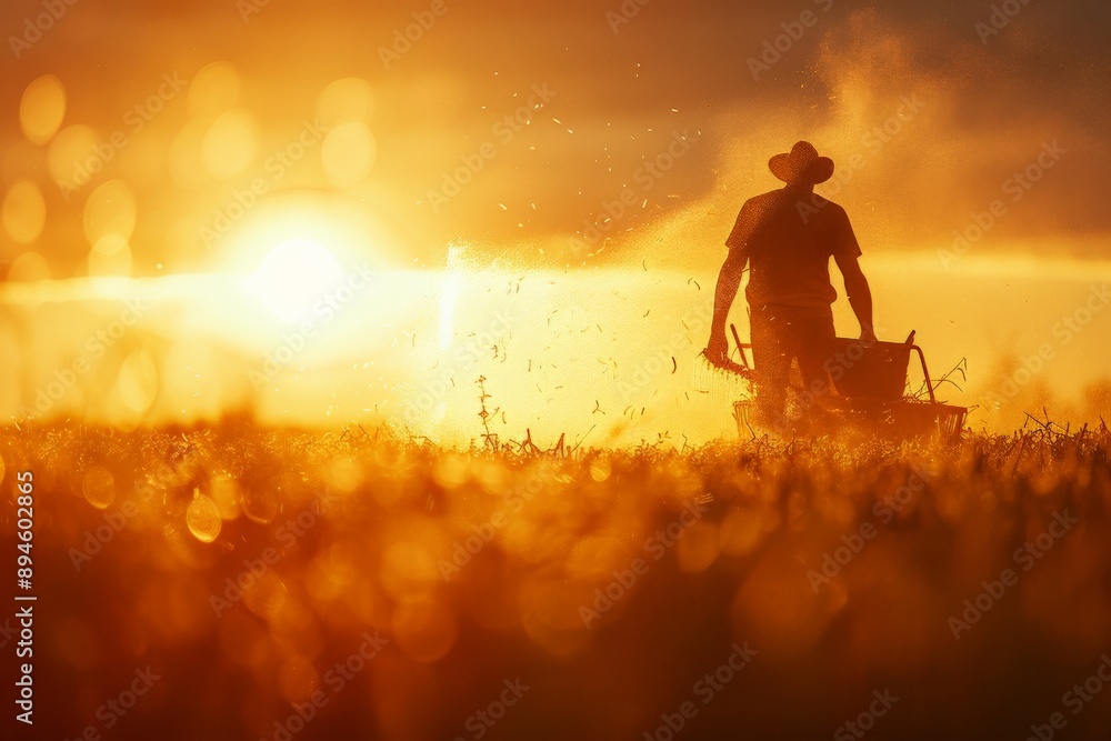 Fototapeta premium Silhouette of Farmer with Wheelbarrow at Sunset.