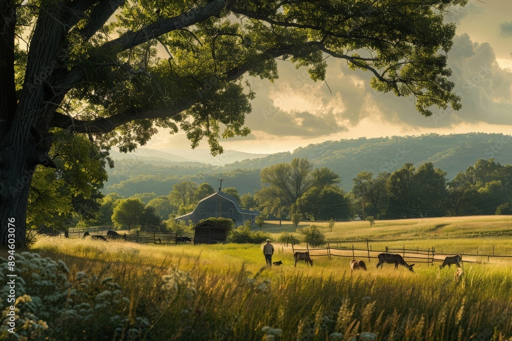 Fototapeta premium Rural Farm Scene with Man and Animals at Sunset.