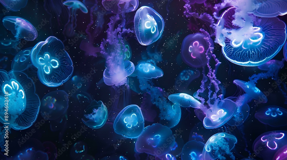 In the dark sea, glowing jellyfish float in large groups, with light blue and purple colors. The background is black paper, with an overhead perspective of macro, mysterious atmosphere In the dark sea, glowing jellyfish float in large groups, with light blue and purple colors. The background is black paper, with an overhead perspective of macro, mysterious atmosphere