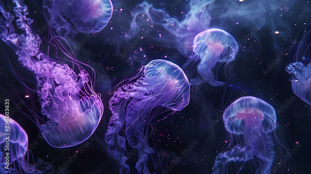 In the dark sea, glowing jellyfish float in large groups, with light blue and purple colors. The background is black paper, with an overhead perspective of macro, mysterious atmosphere In the dark sea, glowing jellyfish float in large groups, with light blue and purple colors. The background is black paper, with an overhead perspective of macro, mysterious atmosphere