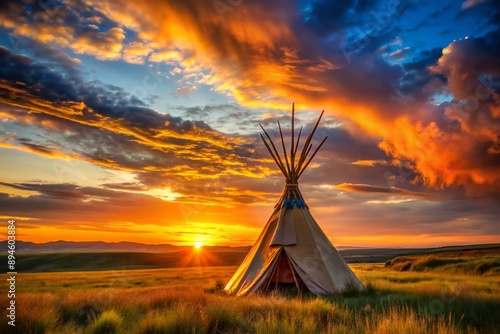 Vibrant orange sunset casts a warm glow on a traditional American Indian wigwam standing alone in a serene grassy plain, untouched and peaceful.