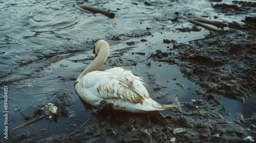 A lonely swan struggles in polluted waters, highlighting the impact of environmental degradation on wildlife, with debris strewn around. photo