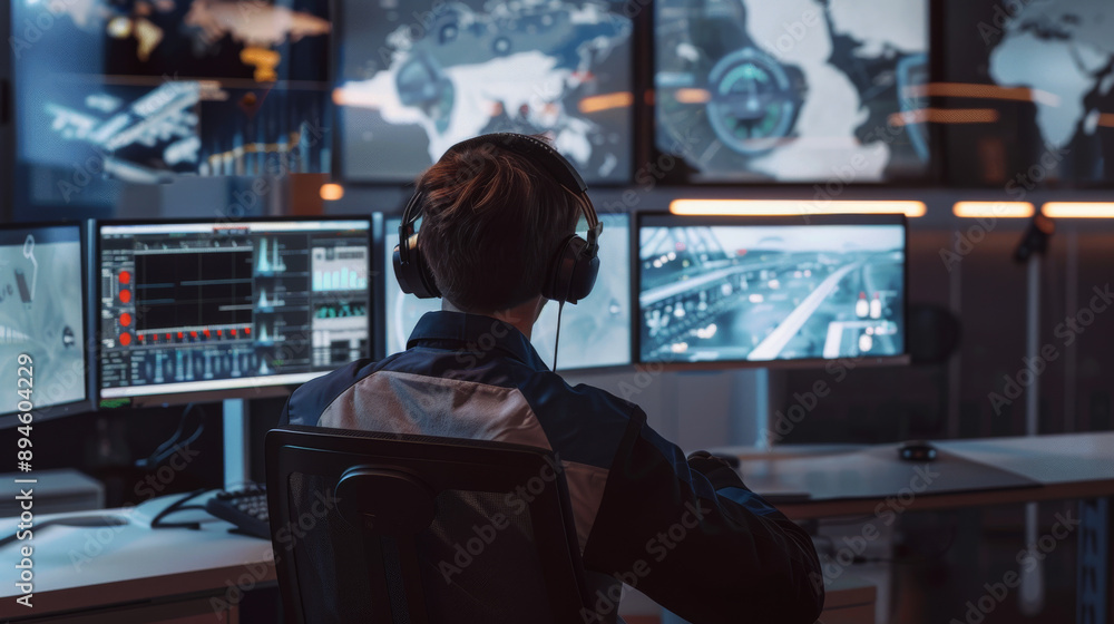 Person wearing headphones, monitoring multiple screens in a dimly lit control room, focused on data and operations. Person wearing headphones, monitoring multiple screens in a dimly lit control room, focused on data and operations.