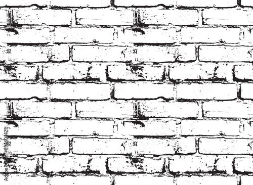 Black and white seamless pattern with realistic brick wall. Abstract vector texture in the grunge style with old horizontal brickwork. Relief repeating background, wallpaper, wrapping paper, fabric
