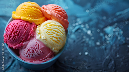 Close up of colorful ice cream scoops in bowl on blue background photo