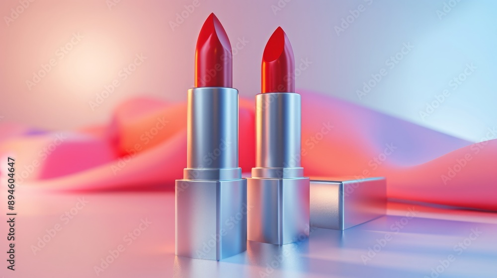 Two Vibrant Red Lipsticks: Sleek Silver Bases on Light Pink Backdrop for Cosmetics Two Vibrant Red Lipsticks: Sleek Silver Bases on Light Pink Backdrop for Cosmetics