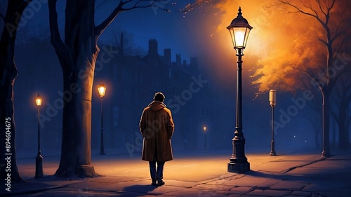 A man walking alone on a street at night