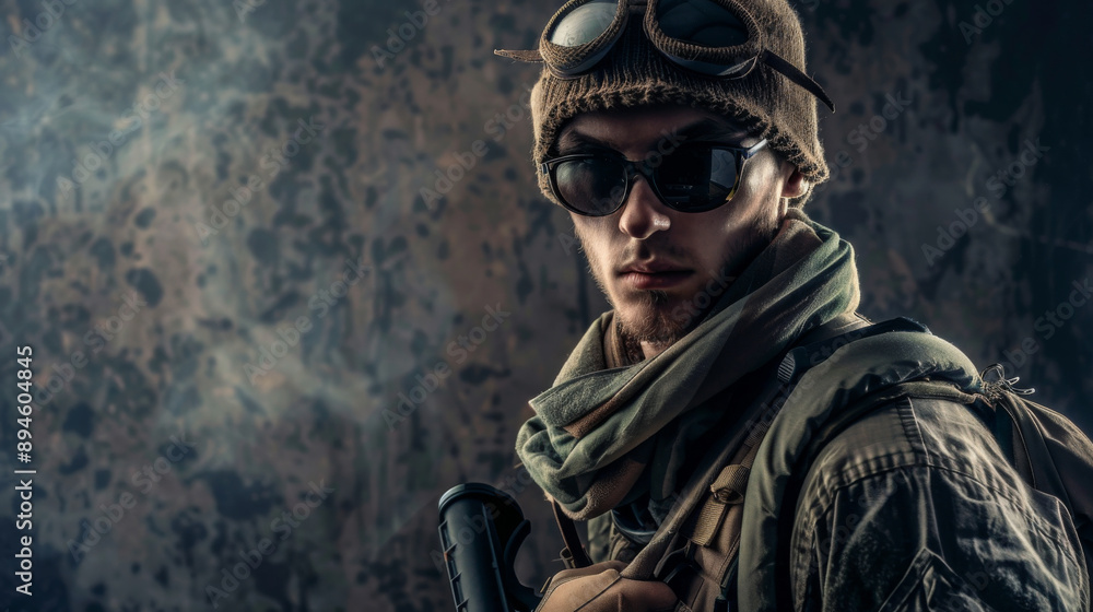 Obraz premium A rugged man in military attire, equipped with a beanie, goggles, and scarf, stands confidently, embodying toughness and preparedness.