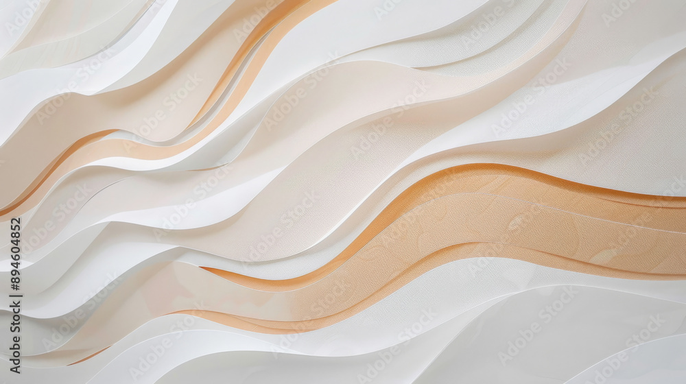 Graceful waves of white and light tan fabric undulate in an elegant, flowing design, exuding a soothing and sophisticated atmosphere. Graceful waves of white and light tan fabric undulate in an elegant, flowing design, exuding a soothing and sophisticated atmosphere.