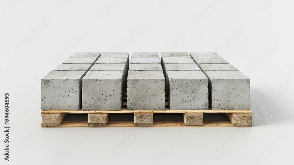 A palette with an array of gray concrete blocks, neatly arranged, showcasing uniformity, structure, and construction readiness. A palette with an array of gray concrete blocks, neatly arranged, showcasing uniformity, structure, and construction readiness.